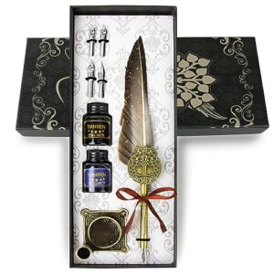tianren feather pen and ink set,quill pen ink set,antique calligraphy pen with 4 replaceable nibs,2 bottle of ink,pen holder christmas gift for men&women.(gray)