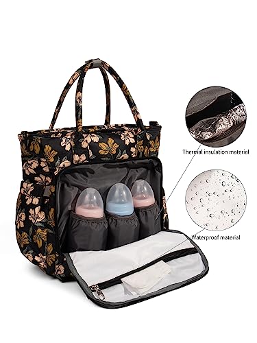 MEYTEILAY Diaper Bag Tote Baby Changing Bag Portable Waterproof Splashproof and Large Capacity with Shoulder Strap Stroller hooks（Flower Black）