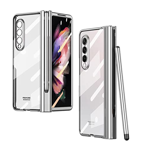 EAXER for Samsung Galaxy Z Fold 3 5G Case, Full Coverage Protection, with Screen Tempered Protector, Plating Hinge Protection Clear Case Cover with Stylus Pen (Silver)