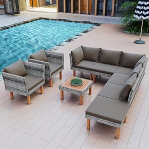 glorhome wicker 9-piece outdoor patio rattan sofa garden furniture set legs and acacia wood tabletop table, armrest chairs with grey cushions, gray