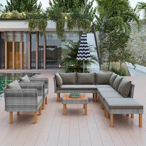 GLORHOME Wicker 9-Piece Outdoor Patio Rattan Sofa Garden Furniture Set Legs and Acacia Wood Tabletop Table, Armrest Chairs with Grey Cushions, Gray