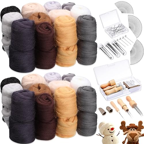 Preboun 156 Pcs Needle Felting Kit 240g Wool Needle Felting Roving Yarn Needle Felting Kit 8.46 oz Felted Animal Painting DIY Craft Supplies Tools Materials for Starter, 12 Colors 10g/Pack (Classic)