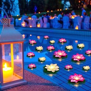 24 pcs floating pool lights lotus floating lanterns lifelike artificial floating flowers for pool with led lights battery operated lily pads water lantern for decor (white, pink, 3.94 inch, 5.91 inch)
