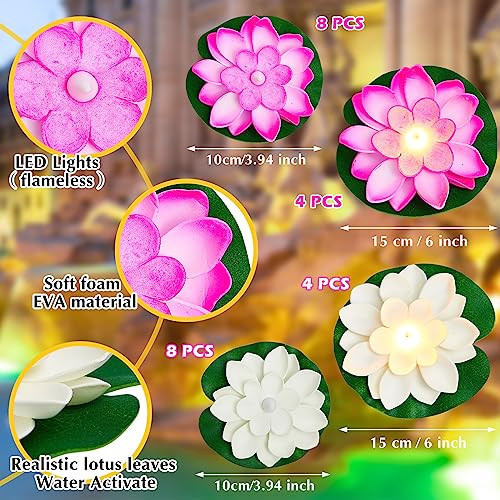 24 Pcs Floating Pool Lights Lotus Floating Lanterns Lifelike Artificial Floating Flowers for Pool with LED Lights Battery Operated Lily Pads Water Lantern for Decor (White, Pink, 3.94 Inch, 5.91 Inch)