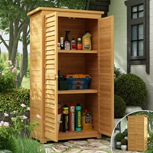 mingyall outdoor wooden storage cabinet, patio storage shed with 3 removable shelves, waterproof roof and locker, outside vertical tool storage cabinets for garden, lawn, backyard, yellow