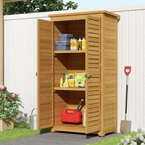 Mingyall Outdoor Wooden Storage Cabinet, Patio Storage Shed with 3 Removable Shelves, Waterproof Roof and Locker, Outside Vertical Tool Storage Cabinets for Garden, Lawn, Backyard, Yellow