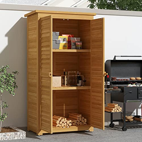 Mingyall Outdoor Wooden Storage Cabinet, Patio Storage Shed with 3 Removable Shelves, Waterproof Roof and Locker, Outside Vertical Tool Storage Cabinets for Garden, Lawn, Backyard, Yellow