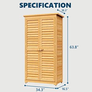 Mingyall Outdoor Wooden Storage Cabinet, Patio Storage Shed with 3 Removable Shelves, Waterproof Roof and Locker, Outside Vertical Tool Storage Cabinets for Garden, Lawn, Backyard, Yellow