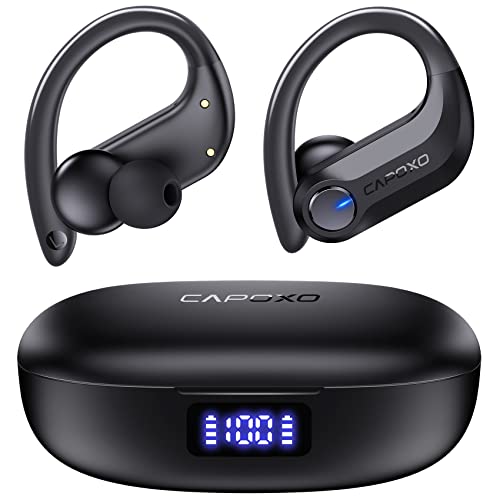 CAPOXO Bluetooth Headphones Wireless Earbuds 120Hrs Playtime IPX7 Waterproof Sports Earphones 2600mAh Wireless Charging Case Headset with Over-Ear Earhooks LED Power Display Mics for Workout Black