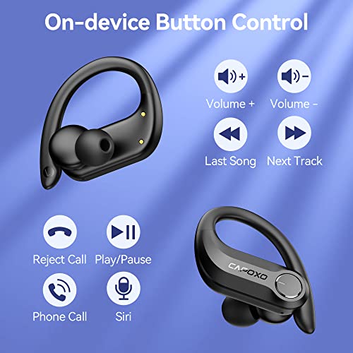 CAPOXO Bluetooth Headphones Wireless Earbuds 120Hrs Playtime IPX7 Waterproof Sports Earphones 2600mAh Wireless Charging Case Headset with Over-Ear Earhooks LED Power Display Mics for Workout Black