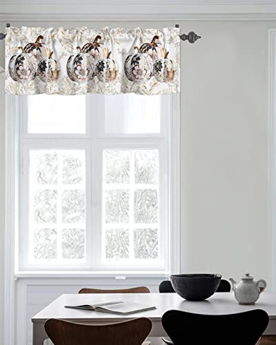 Window Curtain Valances for Kitchen Windows,Fall Flower Texture Ceramic Pumpkin Rod Pocket Short Window Valance Gold Line Leaves on White Treatment Valance for Living Room/Bathroom/Bedroom,42x18in