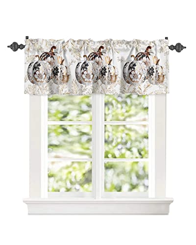 Window Curtain Valances for Kitchen Windows,Fall Flower Texture Ceramic Pumpkin Rod Pocket Short Window Valance Gold Line Leaves on White Treatment Valance for Living Room/Bathroom/Bedroom,42x18in