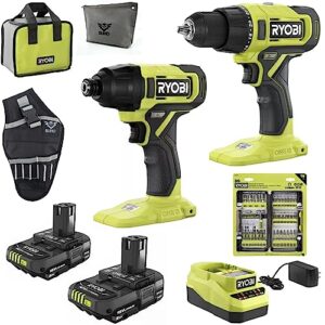 ryobi 18v cordless 2-tool combo bundle with drill, impact driver, 50-piece drill bit set, (2) 1.5 ah batteries, charger, tool bag, buho drill holster, and buho zipper tool pouch