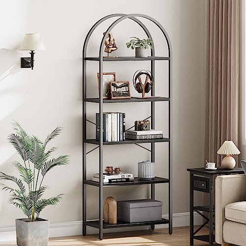 IDEALHOUSE Bookshelf 5 Tier Bookcase Arched Display Racks Tall Standing Bookshelves Metal Frame Open Storage Rack Shelf Large Black Book Shelf for Bedroom, Living Room, Home Office