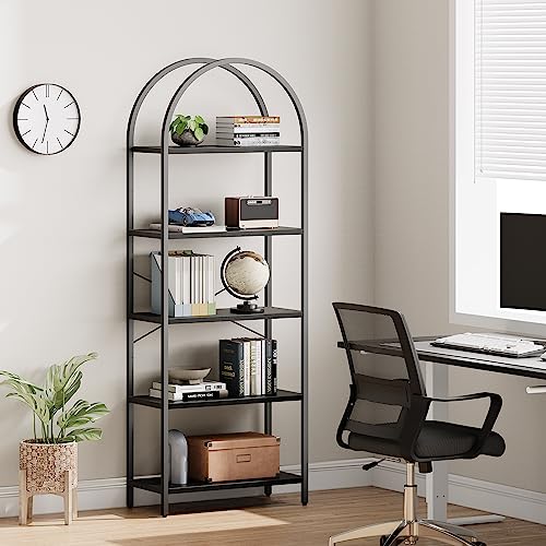 IDEALHOUSE Bookshelf 5 Tier Bookcase Arched Display Racks Tall Standing Bookshelves Metal Frame Open Storage Rack Shelf Large Black Book Shelf for Bedroom, Living Room, Home Office