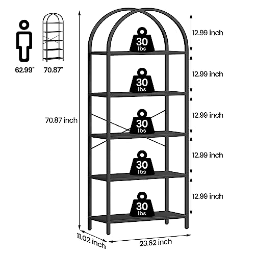 IDEALHOUSE Bookshelf 5 Tier Bookcase Arched Display Racks Tall Standing Bookshelves Metal Frame Open Storage Rack Shelf Large Black Book Shelf for Bedroom, Living Room, Home Office