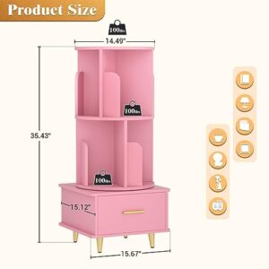 Cyclysio 360 Rotating Nightstand, 35'' Tall Pink Night Stand with Shelves, Narrow Bedside Table with Drawer, Modern Slim Nightstand for Small Space, Small High Side Table, Bedroom, Sofa Side, Pink
