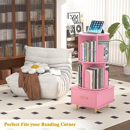 Cyclysio 360 Rotating Nightstand, 35'' Tall Pink Night Stand with Shelves, Narrow Bedside Table with Drawer, Modern Slim Nightstand for Small Space, Small High Side Table, Bedroom, Sofa Side, Pink