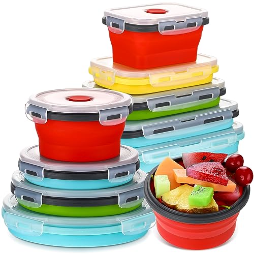 Dandat 9 Silicone Collapsible Food Storage Containers Foldable Silicone Lunch Containers Rectangle Round Airtight Collapsible Bowls with Lids Set for Kitchen Microwave Freezer Dishwasher Safe, 5 Color