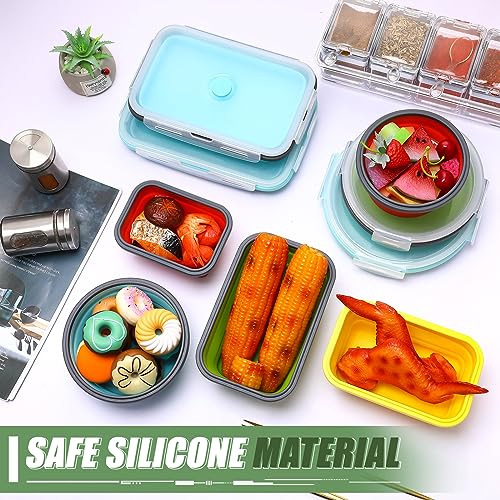 Dandat 9 Silicone Collapsible Food Storage Containers Foldable Silicone Lunch Containers Rectangle Round Airtight Collapsible Bowls with Lids Set for Kitchen Microwave Freezer Dishwasher Safe, 5 Color