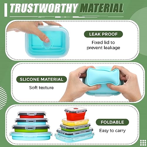 Dandat 9 Silicone Collapsible Food Storage Containers Foldable Silicone Lunch Containers Rectangle Round Airtight Collapsible Bowls with Lids Set for Kitchen Microwave Freezer Dishwasher Safe, 5 Color