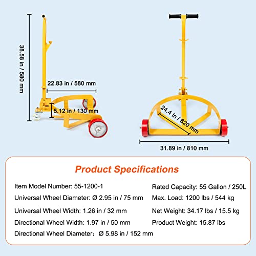 VEVOR 55 Gallon Drum Dolly, 1200 lbs Load Capacity, Barrel Dolly Cart Drum Caddy Round Dolly Steel Low Profile, Heavy Duty Steel Frame with Adjustable Handle 3 Wheels, for Workshop Factory Warehouse