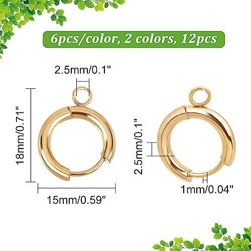 UNICRAFTALE 12pcs 2 Colors 15mm Diameter Real 24k Gold Plated 201 Stainless Steel Huggie Hoop Earring Findings with Loops Metal Leverback Round Ear Ring Clip Stud Earring Hook for Earring Making