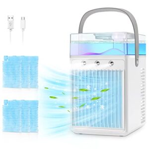 portable air conditioners, 4-in-1 air cooler fan with 3 winds speeds & 3 air sprayers, colorful lights, rechargeable mini air cooler quiet desk fan portable ac for room office dorm car camping