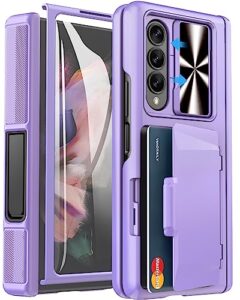 viaotaily for galaxy z fold 3 case with kickstand & hinge protection & screen protector, built-in credit card holder & sliding camera lens cover, sturdy wallet phone case for samsung z fold 3, purple