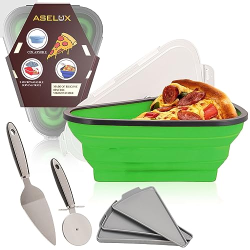 ASELUX Pizza Storage Container Collapsible - 5 Pcs Heating Tray Pizza Knife, Shovel Pizza Slice Set Organizing, Pizza Plates, Silicone Pizza Box (Green)