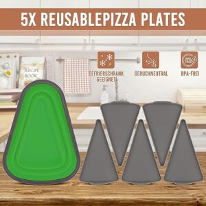 ASELUX Pizza Storage Container Collapsible - 5 Pcs Heating Tray Pizza Knife, Shovel Pizza Slice Set Organizing, Pizza Plates, Silicone Pizza Box (Green)