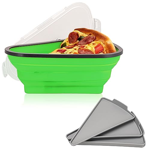 ASELUX Pizza Storage Container Collapsible - 5 Pcs Heating Tray Pizza Knife, Shovel Pizza Slice Set Organizing, Pizza Plates, Silicone Pizza Box (Green)