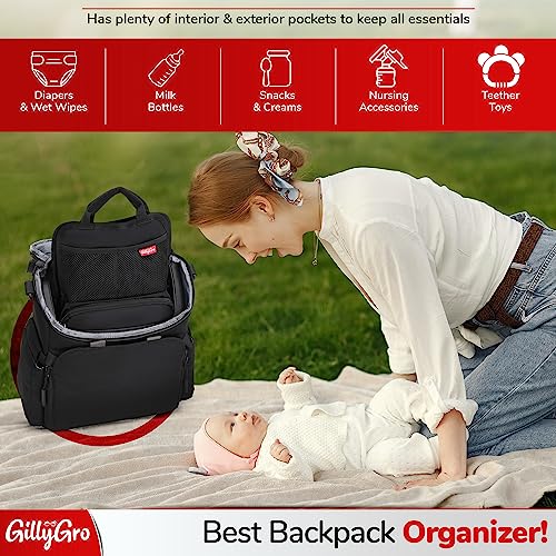 GillyGro Backpack Organizer Insert, Baby Diaper Bag Backpack Organizer, Foldable Universal Backpack Insert with Insulated Bottle Pockets, Zippered Waterproof Pouch