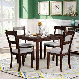 runwon 5-piece rustic farmhouse wood kitchen dining table set for 4 with upholstered chairs, espresso+gray