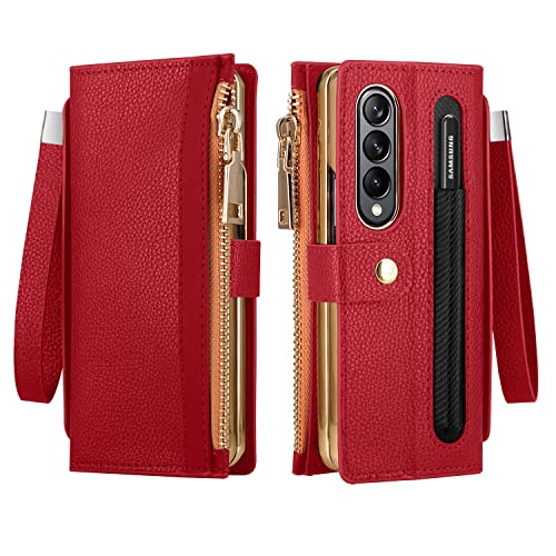 EAXER Design for Samsung Galaxy Z Fold 3 5G Case, Zipper PU Leather Wallet Case Stand Cover Strap Wallet Flip Phone Case Cover (Red)