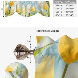 Sabolny Tulip Floral Tie Up Valance Curtain for Kitchen Living Room Bedroom Bathroom Cafe, Rod Pocket Small Short Window Drape Panel Adjustable Drapary Print, Spring Gold White Flower Bow 60"x18"