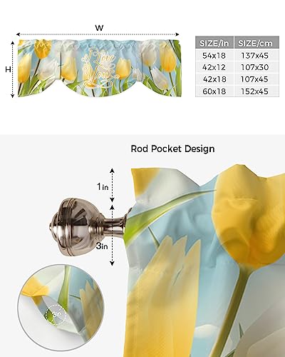 Sabolny Tulip Floral Tie Up Valance Curtain for Kitchen Living Room Bedroom Bathroom Cafe, Rod Pocket Small Short Window Drape Panel Adjustable Drapary Print, Spring Gold White Flower Bow 60"x18"