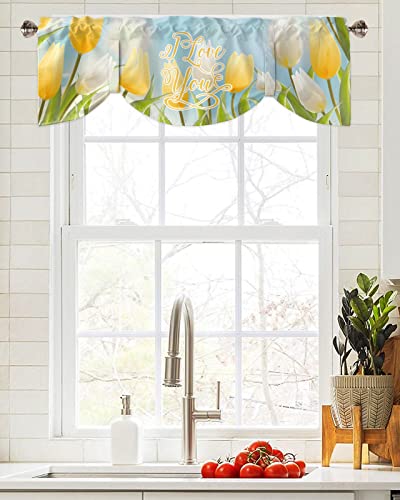 Sabolny Tulip Floral Tie Up Valance Curtain for Kitchen Living Room Bedroom Bathroom Cafe, Rod Pocket Small Short Window Drape Panel Adjustable Drapary Print, Spring Gold White Flower Bow 60"x18"