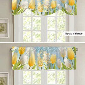 Sabolny Tulip Floral Tie Up Valance Curtain for Kitchen Living Room Bedroom Bathroom Cafe, Rod Pocket Small Short Window Drape Panel Adjustable Drapary Print, Spring Gold White Flower Bow 60"x18"