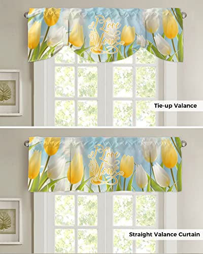 Sabolny Tulip Floral Tie Up Valance Curtain for Kitchen Living Room Bedroom Bathroom Cafe, Rod Pocket Small Short Window Drape Panel Adjustable Drapary Print, Spring Gold White Flower Bow 60"x18"