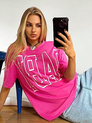 Verdusa Women's Oversized T Shirt Letter Graphic Drop Shoulder Round Neck Tee Top Hot Pink S