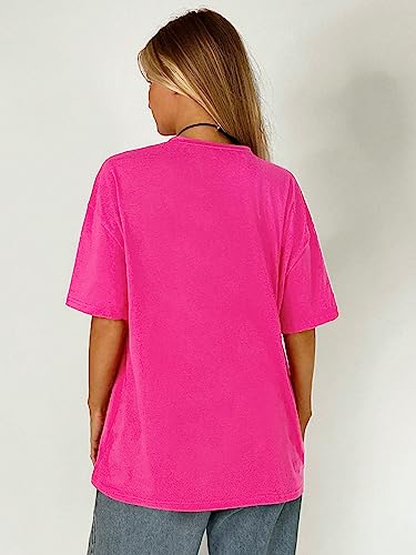 Verdusa Women's Oversized T Shirt Letter Graphic Drop Shoulder Round Neck Tee Top Hot Pink S