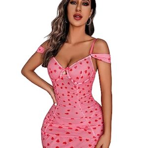 SweatyRocks Women's Heart Print Spaghetti Strap Ruched Mesh Slips Babydoll Lingerie Nightwear Watermelon Pink M