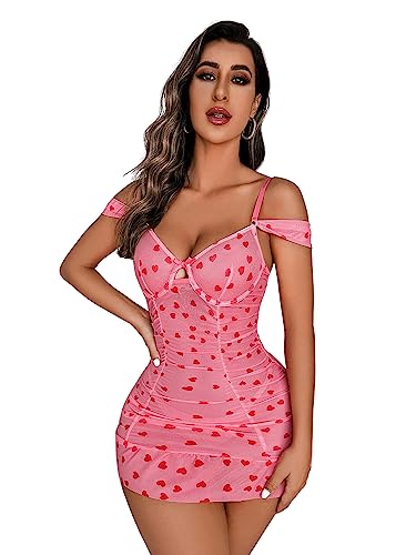 SweatyRocks Women's Heart Print Spaghetti Strap Ruched Mesh Slips Babydoll Lingerie Nightwear Watermelon Pink M