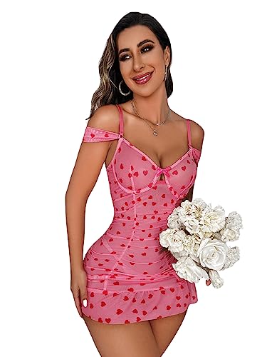 SweatyRocks Women's Heart Print Spaghetti Strap Ruched Mesh Slips Babydoll Lingerie Nightwear Watermelon Pink M