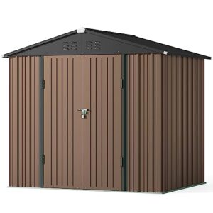 Gizoon Outdoor Storage Shed 8 x 6 FT with Metal Base Frame, Galvanized Metal Garden Shed with Double Lockable Doors, Weather-Resistant Outdoor Storage Clearance for Backyard Patio Lawn-Light Brown