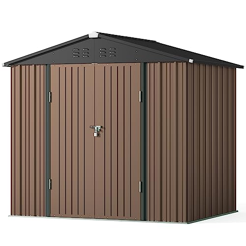 Gizoon Outdoor Storage Shed 8 x 6 FT with Metal Base Frame, Galvanized Metal Garden Shed with Double Lockable Doors, Weather-Resistant Outdoor Storage Clearance for Backyard Patio Lawn-Light Brown