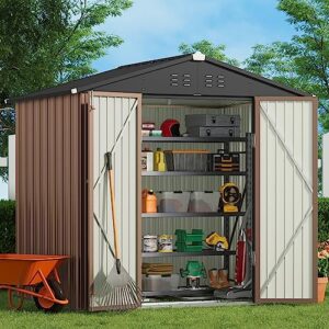 gizoon outdoor storage shed 8 x 6 ft with metal base frame, galvanized metal garden shed with double lockable doors, weather-resistant outdoor storage clearance for backyard patio lawn-light brown