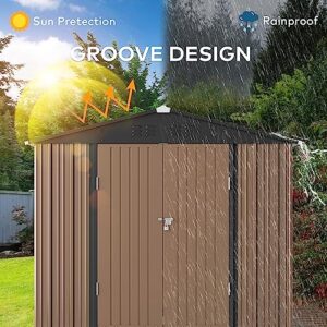 Gizoon Outdoor Storage Shed 8 x 6 FT with Metal Base Frame, Galvanized Metal Garden Shed with Double Lockable Doors, Weather-Resistant Outdoor Storage Clearance for Backyard Patio Lawn-Light Brown