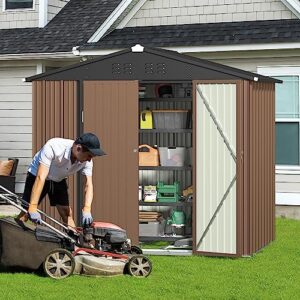 Gizoon Outdoor Storage Shed 8 x 6 FT with Metal Base Frame, Galvanized Metal Garden Shed with Double Lockable Doors, Weather-Resistant Outdoor Storage Clearance for Backyard Patio Lawn-Light Brown